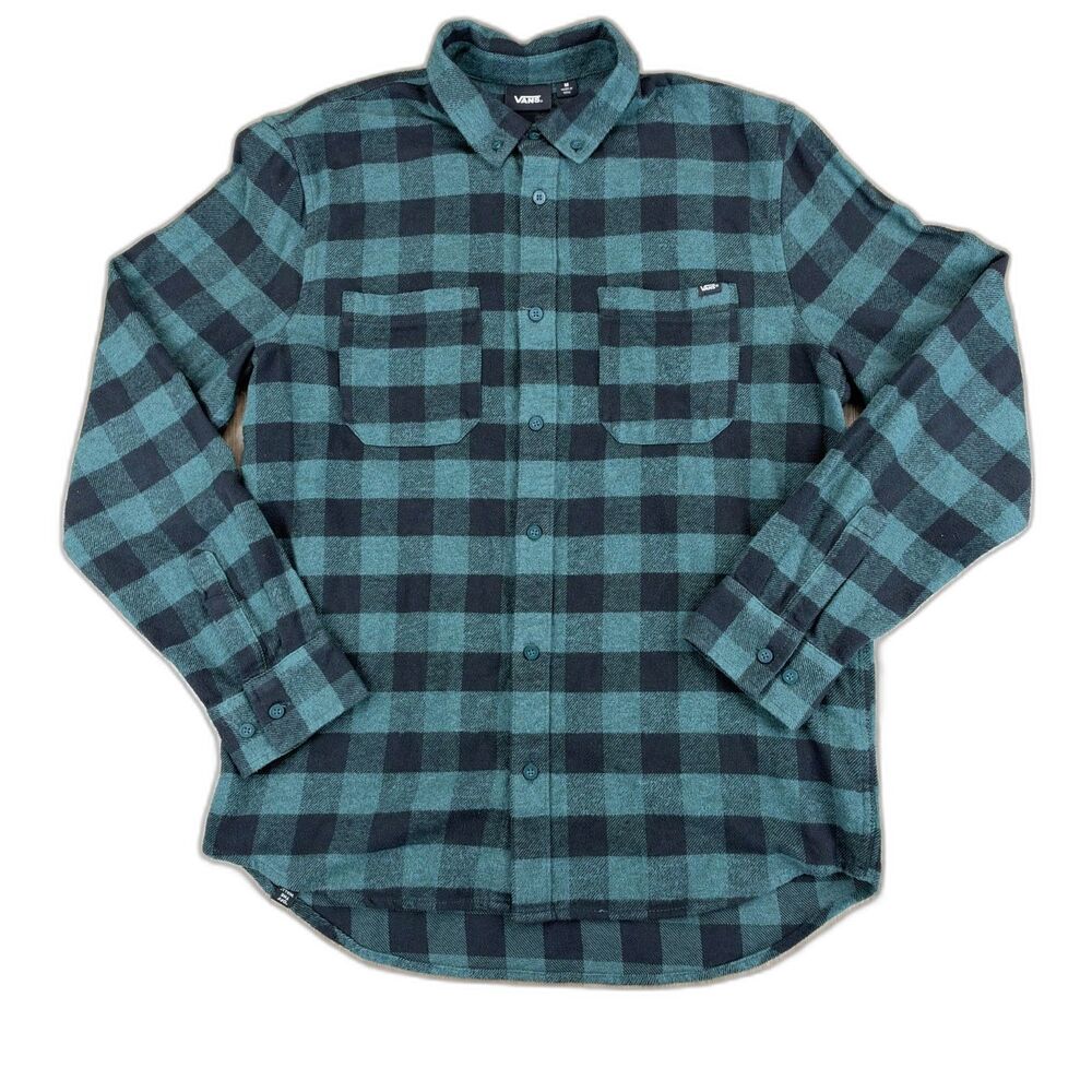 Vans Men's M Medium Black Turquoise Green Plaid Flannel 100% Cotton Button Shirt